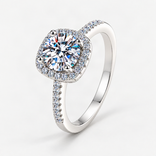 S925 Multicolor Moissanite Cushion Halo Adjustable Rings with Pavé-Set Band & Square Accen – product photo [FITINY]