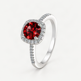S925 Multicolor Moissanite Cushion Halo Adjustable Rings with Pavé-Set Band & Square Accen – Garnet Red option [FITINY]