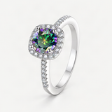 S925 Multicolor Moissanite Cushion Halo Adjustable Rings with Pavé-Set Band & Square Accen – Rainbow Green option [FITINY]