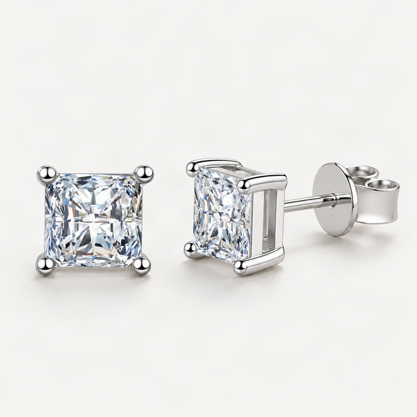 S925 Square Princess Cut CZ or Moissanite Stud Earrings, 0.6-2ct Sterling Silver Hypoallergenic Zirconia Gift for Her Him