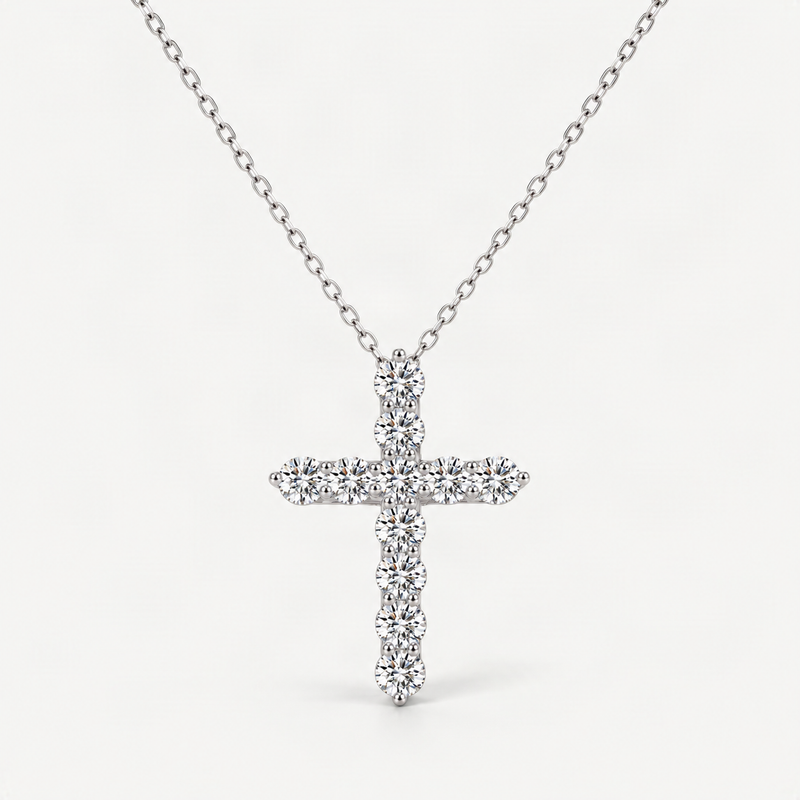 Sterling Silver Cross Pendant Necklace with D-Color VVS1 Moissanite Accents – product photo [FITINY]