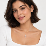 Sterling Silver Cross Pendant Necklace with D-Color VVS1 Moissanite Accents – worn by a woman, true-to-size [FITINY]