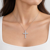 Sterling Silver Cross Pendant Necklace with D-Color VVS1 Moissanite Accents – worn by a woman, true-to-size [FITINY]