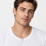 Sterling Silver Cross Pendant Necklace with D-Color VVS1 Moissanite Accents – worn by a man, true-to-size [FITINY]