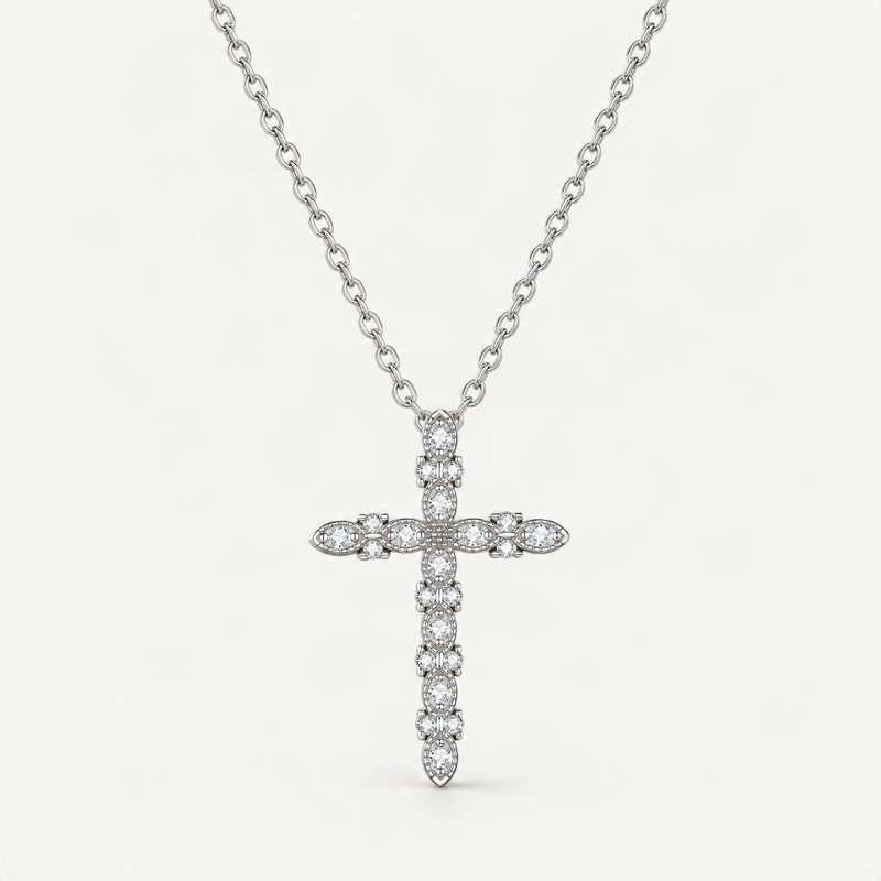 Sterling Silver Cross Pendant Necklace with Sparkling D-Color VVS1 Moissanite Stones – product photo [FITINY]