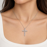 Sterling Silver Cross Pendant Necklace with Sparkling D-Color VVS1 Moissanite Stones – worn by a woman, true-to-size [FITINY]