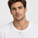 Sterling Silver Cross Pendant Necklace with Sparkling D-Color VVS1 Moissanite Stones – worn by a man, true-to-size [FITINY]