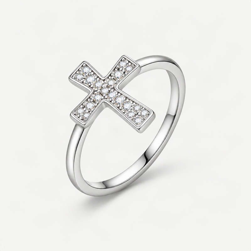 Cross Engagement Ring in Sterling Silver with D-Color VVS1 Moissanite Accents – product photo [FITINY]