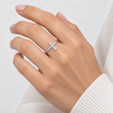 Cross Engagement Ring in Sterling Silver with D-Color VVS1 Moissanite Accents – worn by a woman, true-to-size [FITINY]