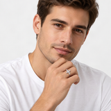 Cross Engagement Ring in Sterling Silver with D-Color VVS1 Moissanite Accents – worn by a man, true-to-size [FITINY]