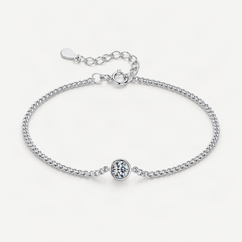 Minimalist Sterling Silver D-Color VVS1 Moissanite Solitaire Bracelet with Delicate Chain – product photo [FITINY]