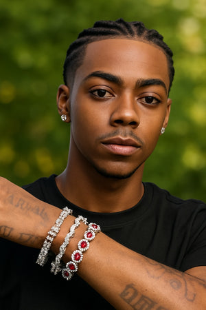 Man wearing FITINY's earrings and a red halo bracelet and Hip Hop tennis chains.