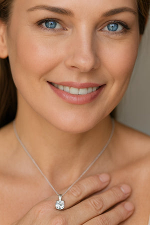 a beautiful customer wearing a FITINY's S925 Moissanite Classic Four-Prong Pendant 