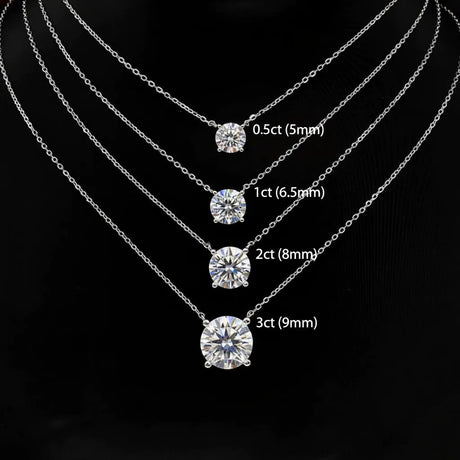 Set of moissanite pendant necklaces with varying moissanite sizes in 0.5ct, 1ct, 2ct and 3ct