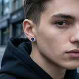 Multicolor Crystal Cluster Magnetic Round Halo Stud Earrings worn by male model – street style