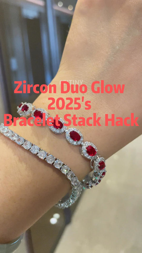 Accumulation de bracelets halo en CZ rouge avec chaîne tennis transparente