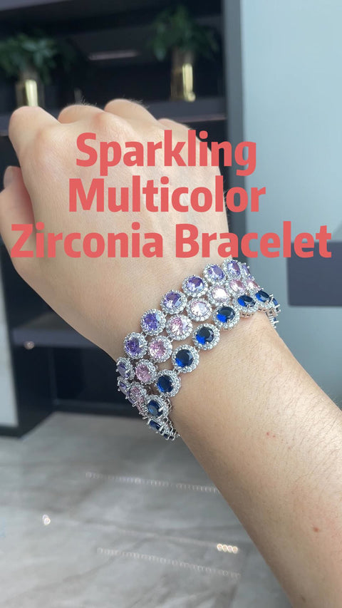 Pulsera halo redonda de CZ multicolor, circonita cúbica azul, rosa y morada, ajustable