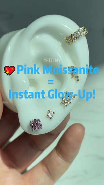 Pink Moissanite Studs on Ear Display
