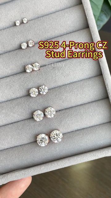 S925 4-Prong CZ Stud Earrings in Multiple Sizes