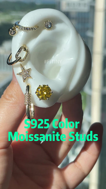 Gold-Tone S925 Moissanite Stud Shown on an Ear Display