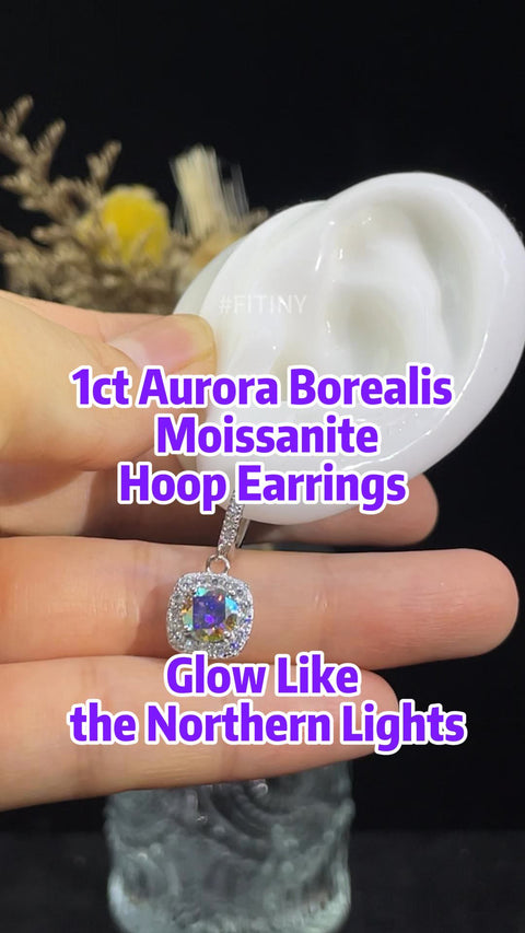 Aurora Borealis Moissanite Halo Hoop Held in Hand