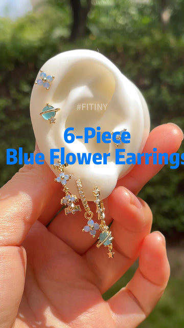 Blue Flower 6-Piece Earring Set Shown on an Ear Display