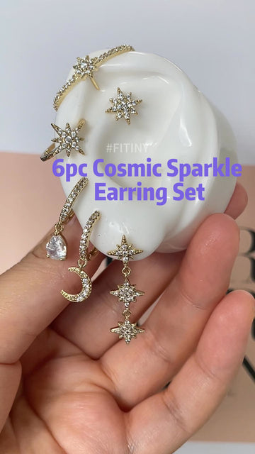 6pc Gold Star and Moon Earring Set on Display