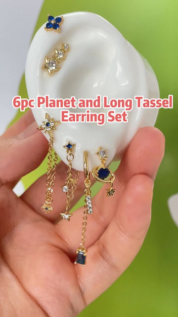 Blue Planet and Long Tassel Gold Earring Set