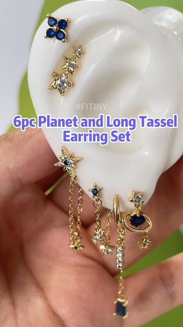 Gold Planet and Long Tassel Earrings with Blue Stones