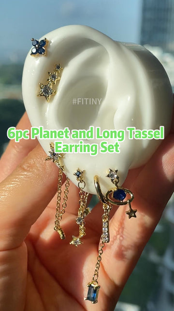 Gold Planet and Long Tassel Earring Set with Blue Accents