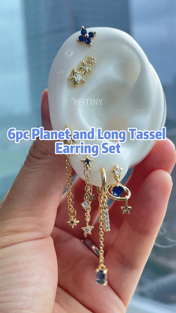 Gold Planet and Long Tassel Earring Set with Blue Stones