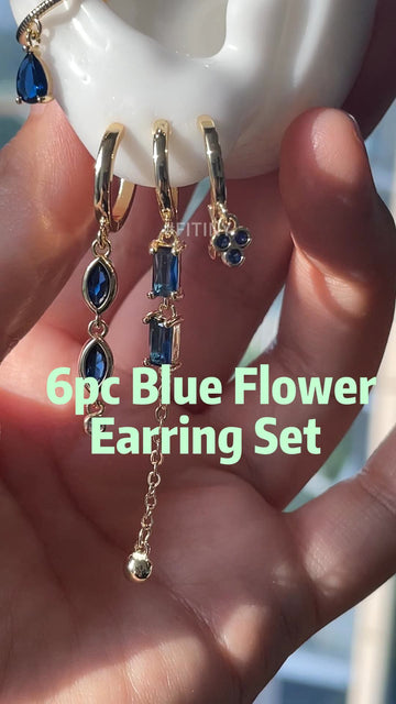 6pc Blue Flower Long Tassel Earring Set