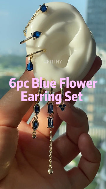 6pc Blue Flower Earring Set with Long Tassel Drops