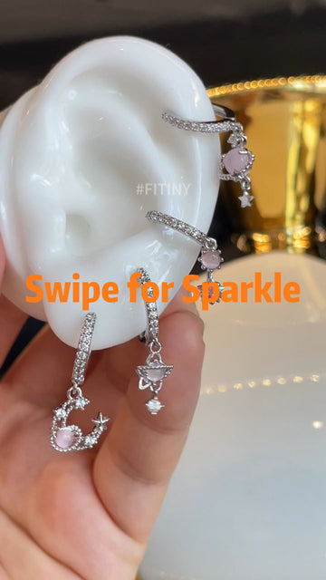 Silver Crystal Hoops with Pink Charms and Star Drops