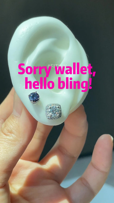 Blue and Silver Moissanite Halo Stud Earrings on Ear