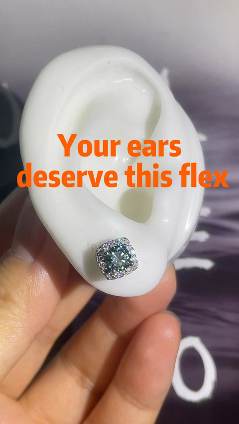 Blue-Green Moissanite Square Halo Stud on Ear