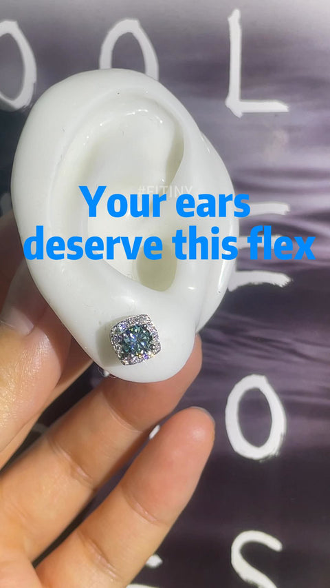 Multicolor Moissanite Halo Stud on White Ear Display