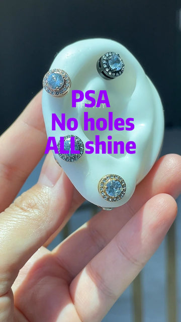 Blue CZ Round Halo Magnetic Stud Earrings, No Holes