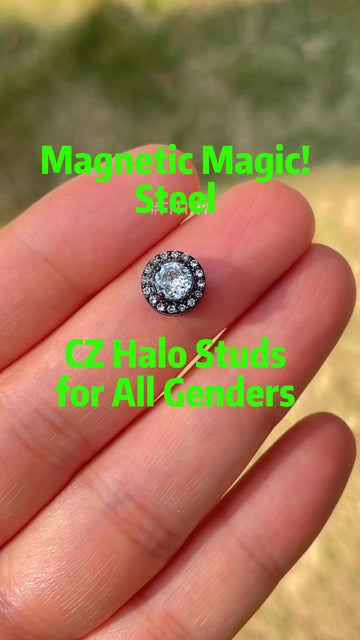Silver CZ Halo Magnetic Stud Shown on Fingers