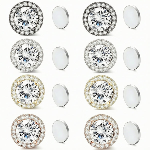 Magnetic CZ Round Halo Stud Earrings for Men Women, Non-Piercing Clip On Studs, Round Cubic Zirconia Stainless Steel