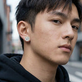 Stainless Steel Magnetic CZ Round Halo Stud Earrings worn by male model – street style