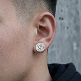Close-up of Stainless Steel Magnetic CZ Round Halo Stud Earrings on ear