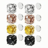 Stainless steel magnetic CZ stud earrings 4-pair 4-color set (steel, rose gold, gold, black) with magnetic backs — white background
