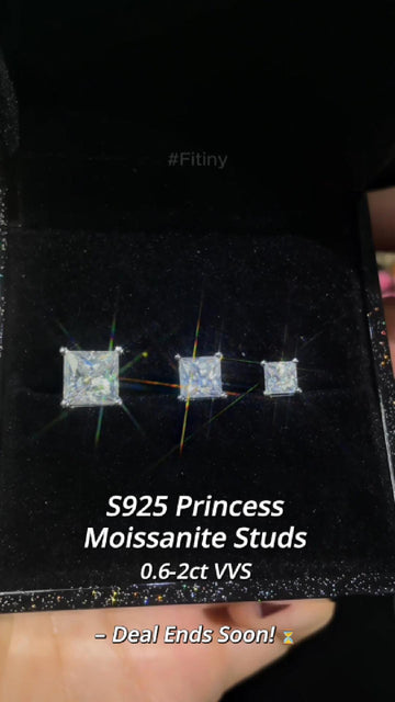S925 Princess Cut Moissanite Stud Earrings 0.6–2ct VVS, Square Sterling Silver Hypoallergenic Gift