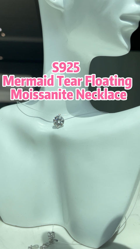 3 Carat Moissanite Floating Necklace S925 Sterling Silver – Invisible Mermaid Tear Pendant Choker, Adjustable 15.7in + 2in