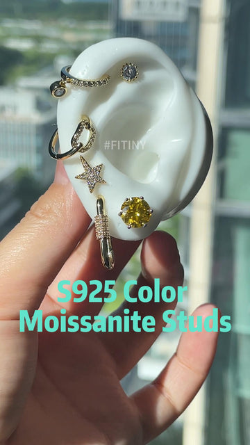 Golden Yellow Moissanite Studs & Gold Star Moon Earring Set – Women’s Sterling Silver Jewelry