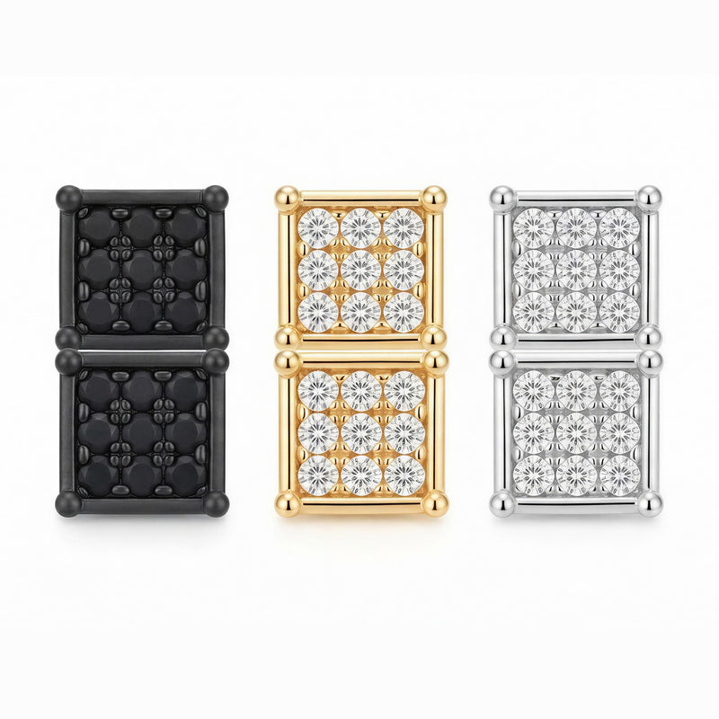 Three pairs of magnetic square CZ stud earrings in black, gold and silver