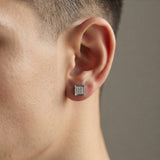 Man wearing a silver magnetic square CZ stud earring