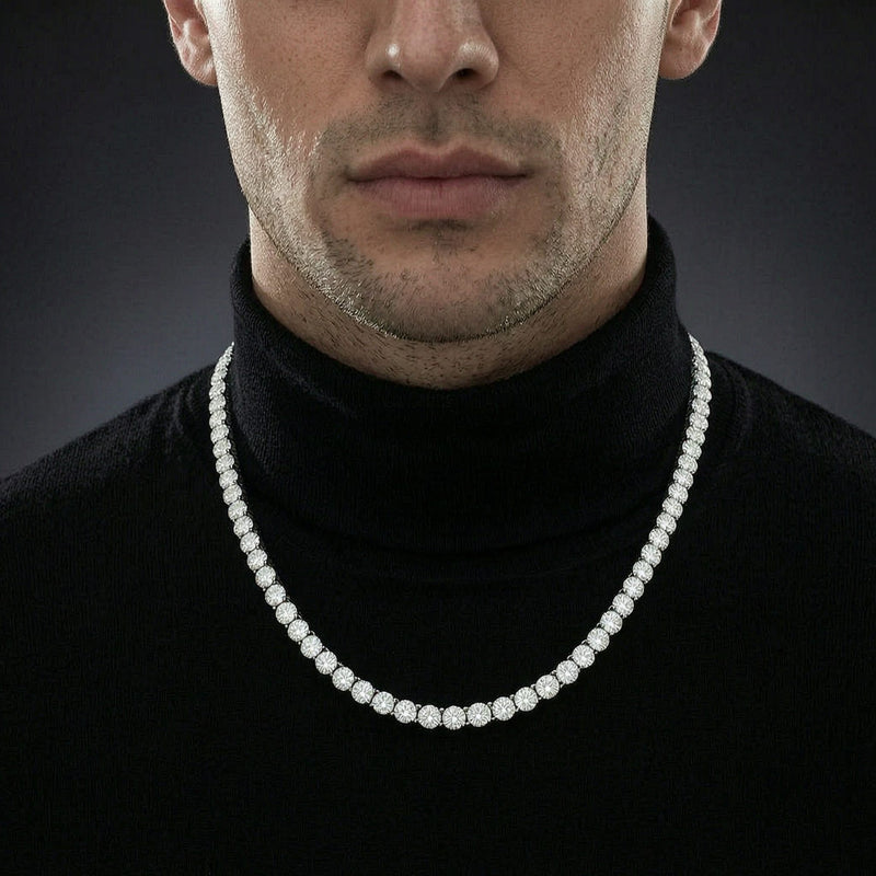 Man wearing a 3mm iced out moissanite tennis chain necklace
