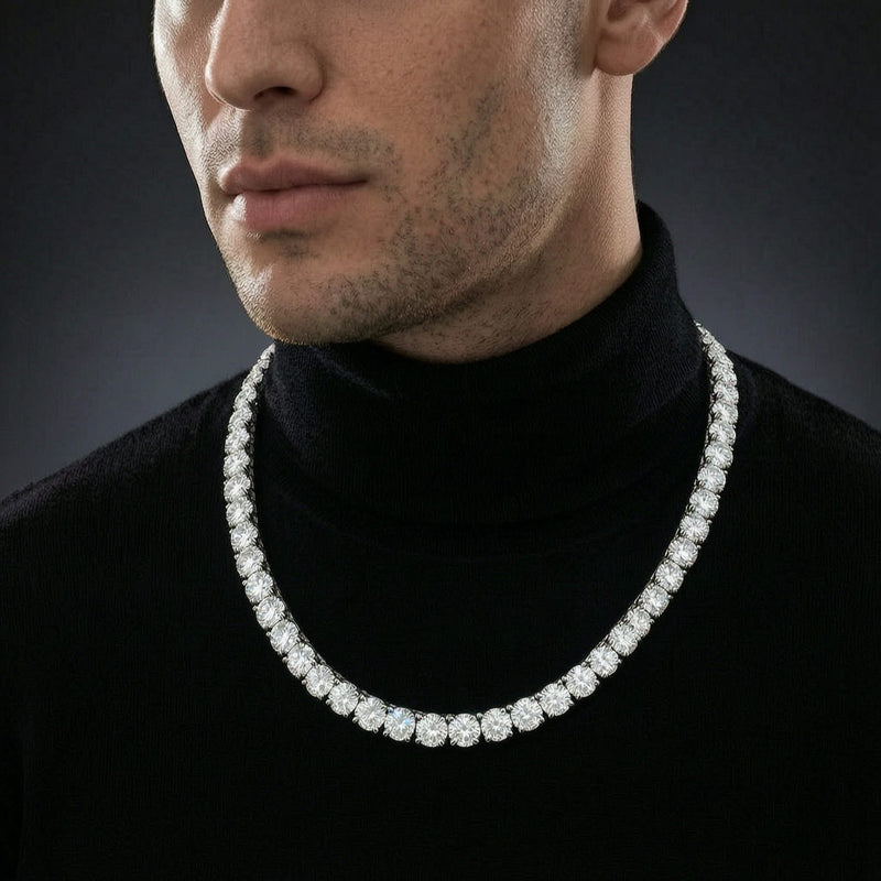 Man wearing a 4mm iced out moissanite tennis chain necklace